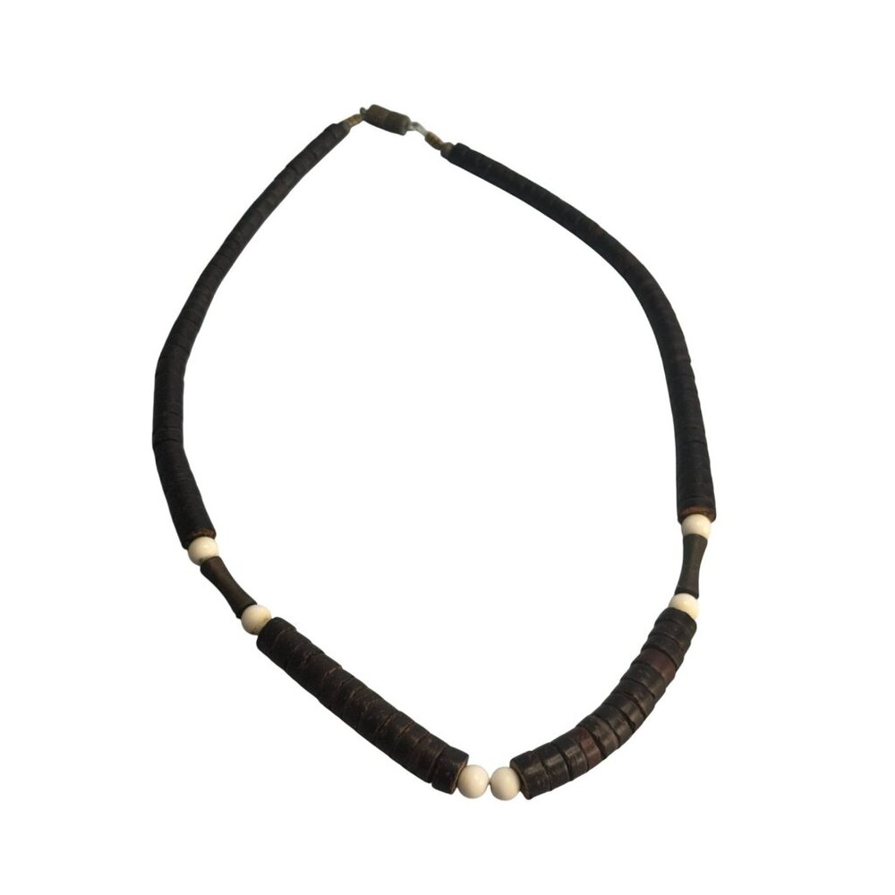 Heshi Style Wood Beads Tribal Folk Art Necklace Brown White 17 Inch Vintage - Picture 4 of 5